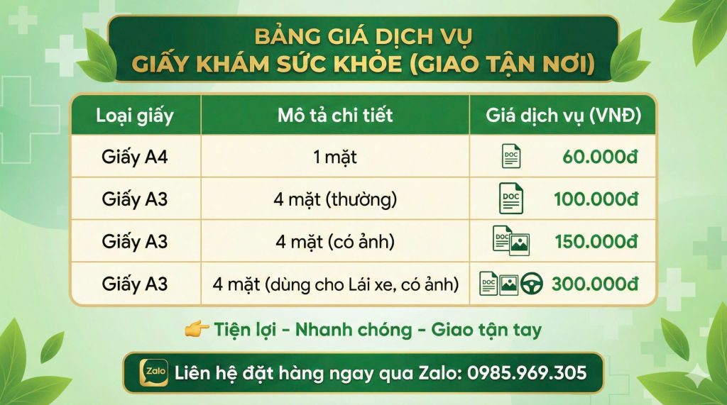 Bảng giá dịch vụ giấy khám sức khỏe