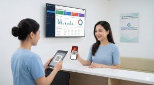 Người dân sử dụng mã QR trên ứng dụng VNeID để làm thủ tục tại quầy lễ tân phòng khám, trong khi hồ sơ sức khỏe điện tử được hiển thị trên màn hình lớn phía sau.