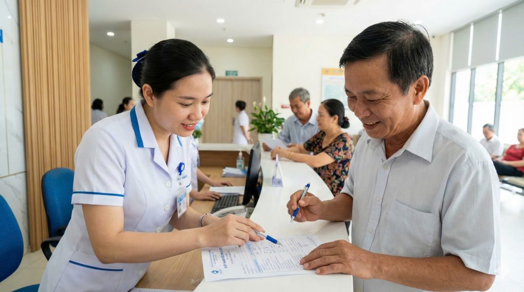 Bác sĩ đang hướng dẫn điền giấy khám sức khỏe 2026 cho người khám bệnh