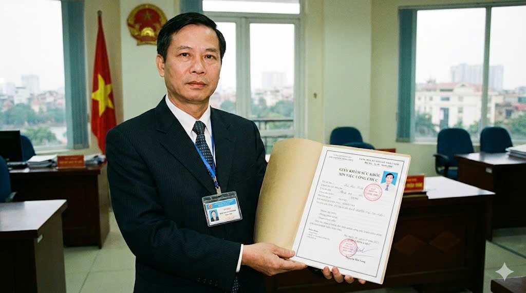Hình ảnh một cán bộ công chức Nhà nước tại văn phòng đang cầm trên tay tập hồ sơ mở sẵn, hiển thị rõ trang bìa là "Giấy khám sức khỏe xin việc công chức" có dán ảnh và đóng dấu đỏ.