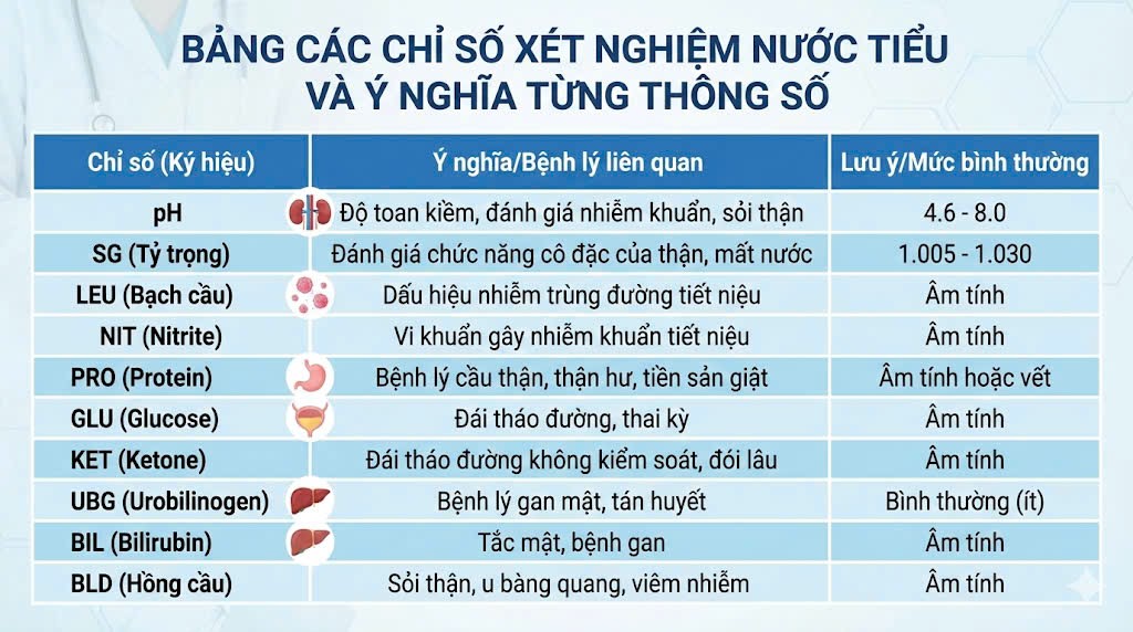 bảng các chỉ số xét nghiệm nước tiểu và ý nghĩa từng thông số