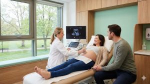 Bác sĩ siêu âm khám sức khỏe thai sản cho mẹ bầu có chồng bên cạnh