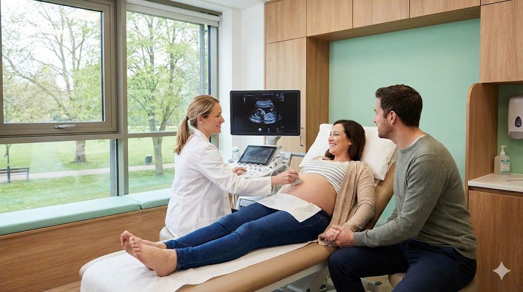 Bác sĩ siêu âm khám sức khỏe thai sản cho mẹ bầu có chồng bên cạnh