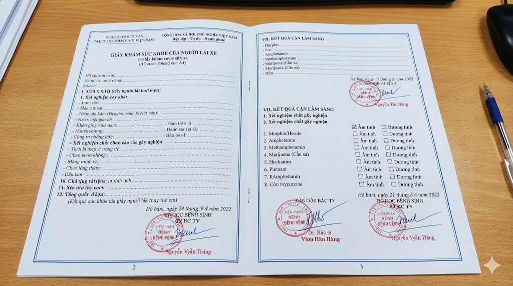 Mẫu giấy khám sức khỏe lái xe 4 mặt có xét nghiệm ma túy