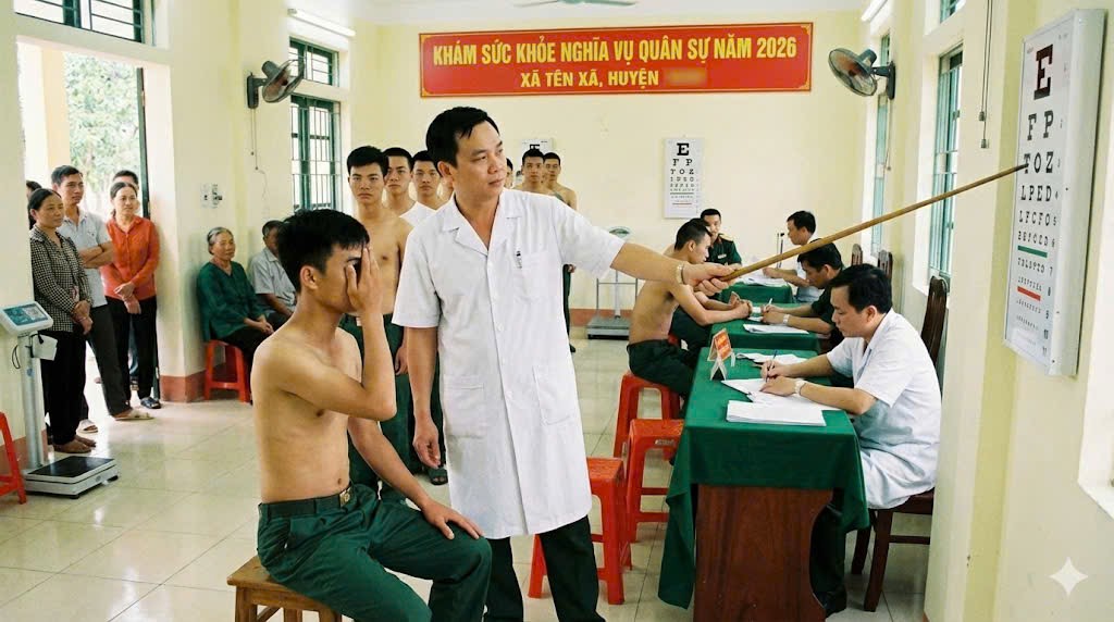 Bác sĩ kiểm tra thị lực trong quy trình khám sức khỏe nghĩa vụ quân sự