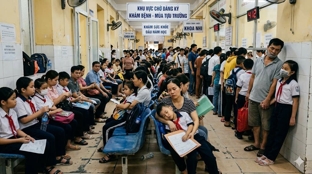 cảnh xếp hàng làm giấy khám sức khỏe tân sinh viên