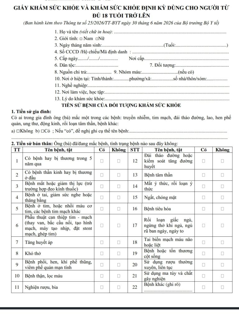 Mẫu giấy khám sức khỏe thông tư 25 chuẩn y tế