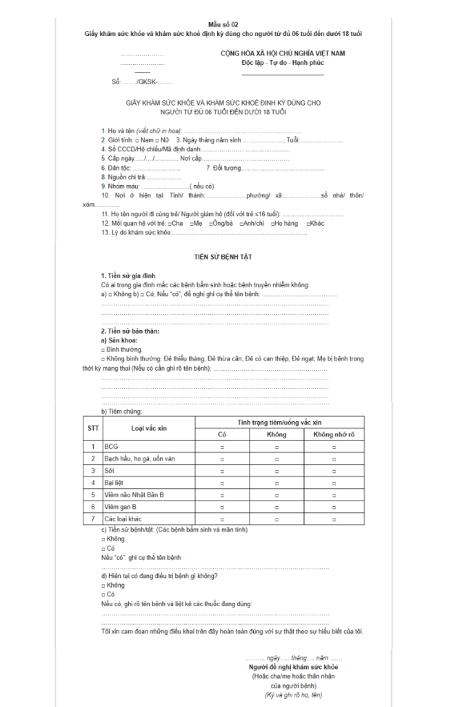 Giấy khám sức khỏe cho trẻ dưới 6 tuổi